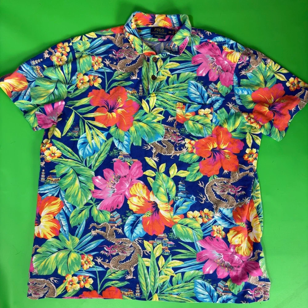 Polo Ralph Lauren Featherweight Mesh Hawaiian Shirt Mens 2X Floral Dragon AOP